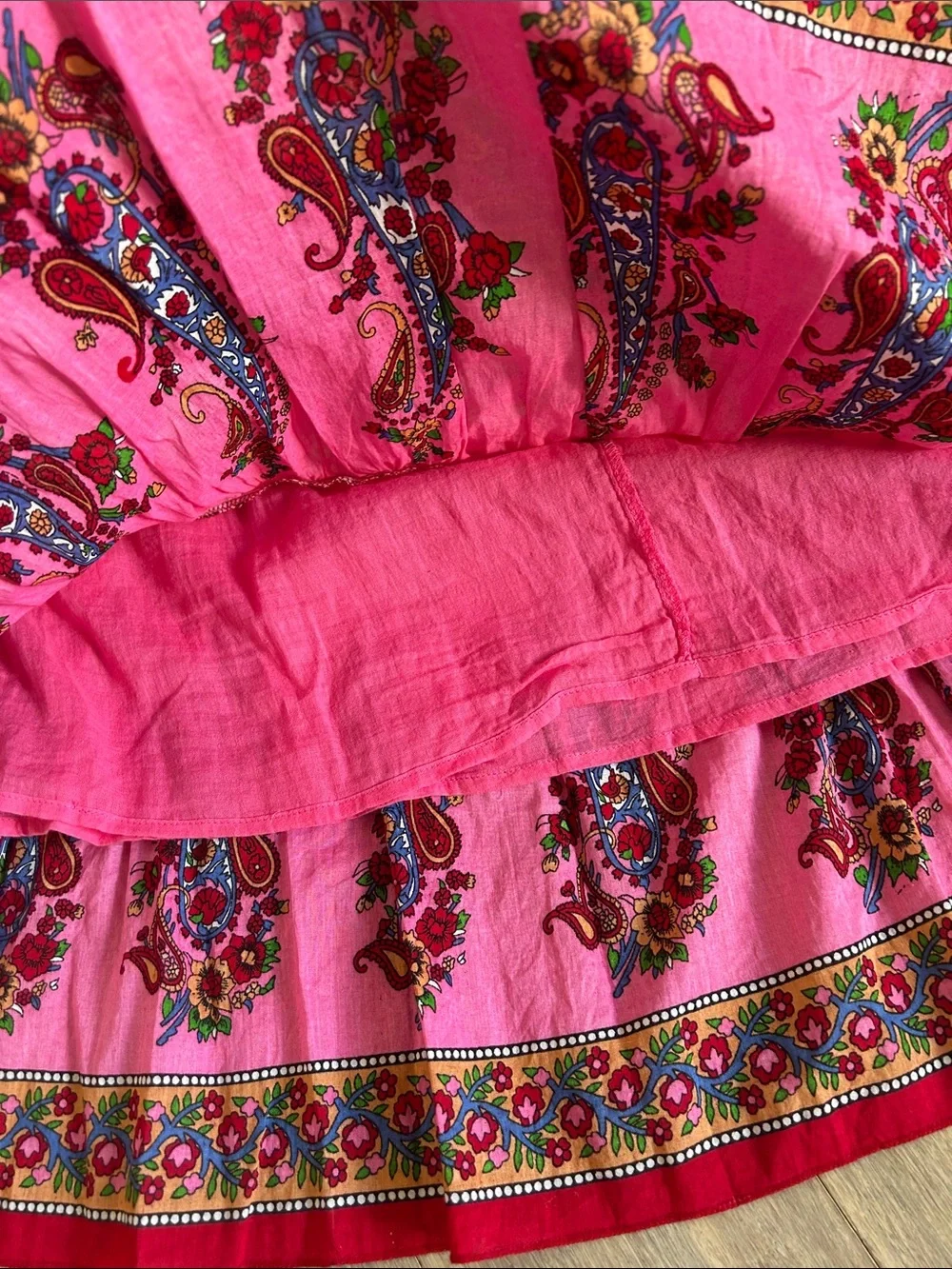 Bohemian Cotton Pink Floral Tiered Maxi Skirt size L ruched waist lined